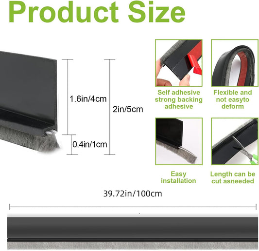 2 PCS Brush Door Sweep, Draft Stoppers Bottom, 2" W x 39" L, Black | No Residue, Strong Adhesive Draft Stopper with Brush for Interior Door, Bottom Seal Strip for Protection Against Bug, Dust