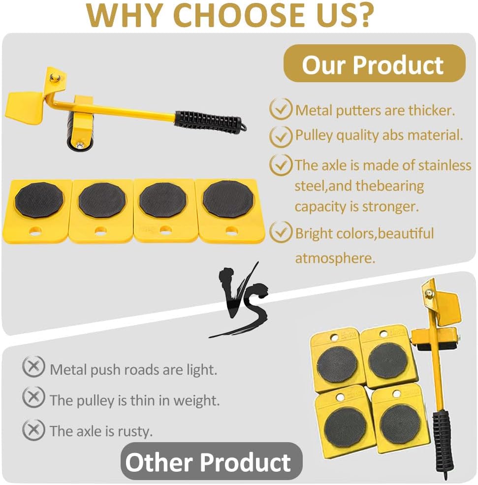 Vivicreate Furniture Lifter Mover Tool Set with Wheels Heavy Duty Moving Dolly Kit for Sofa Bed Cabinet Washing Machine Appliance Sliders Rollers Easy Moving Tool llantas para Mover muebles (Yellow)