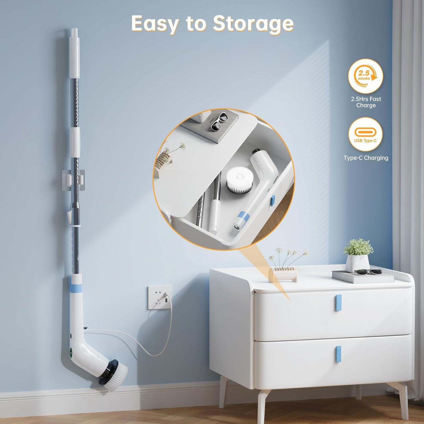 PUFTEM Electric Spin Scrubber, Cordless Shower Scrubber, Adjustable Handle | Dual Speed, 8 Replaceable Brush Heads, Adjustable Extension Handle, Battery Level Display, Bathtub, Tile & Floor Cleaning