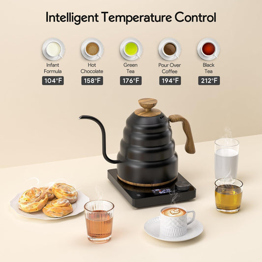 Electric Gooseneck Kettle, 30oz/0.9L Intelligent Temperature Control, Quick Heating, 304 Stainless Steel for Pour Over Coffee, Brew Tea, Boil Hot Water, 1000W (Black)