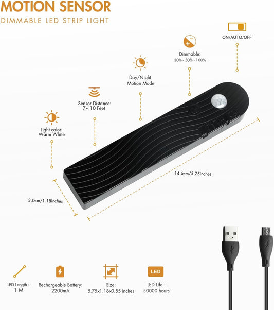 Sensky Motion Activated Strip Lights Rechargeable Motion Sensor LED Strip Light Dimmable Strip Lighting for Wardrobe, Gun Safe, Cabinet, Pantry, Closet (2M, Cool White)