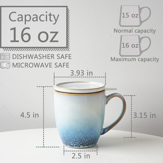 Bosmarlin Ceramic Tea Cup with Infuser and Lid, 16 Oz, Loose Leaf Tea Steeper Mug with Strainer, Microwave and Dishwasher Safe, Reactive Glaze (16 Oz, Pale Green)