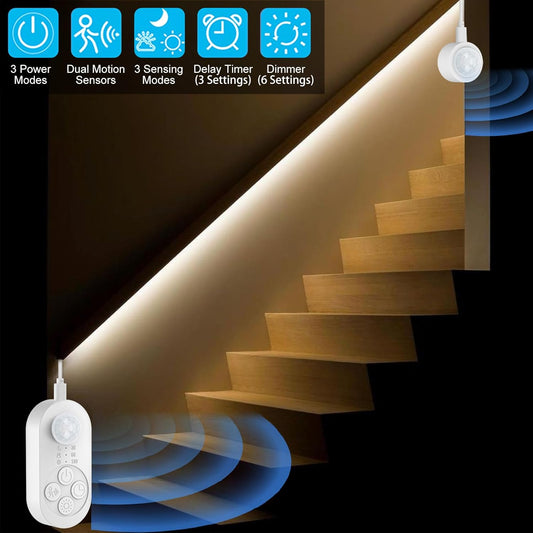 Dual Sensor Stair Light Strip, Double Motion Activated Sensor LED Strip Light for Stairway (Power Adapter (16.4FT Cable), Warm White 3000K (16.4FT White Light Strip))