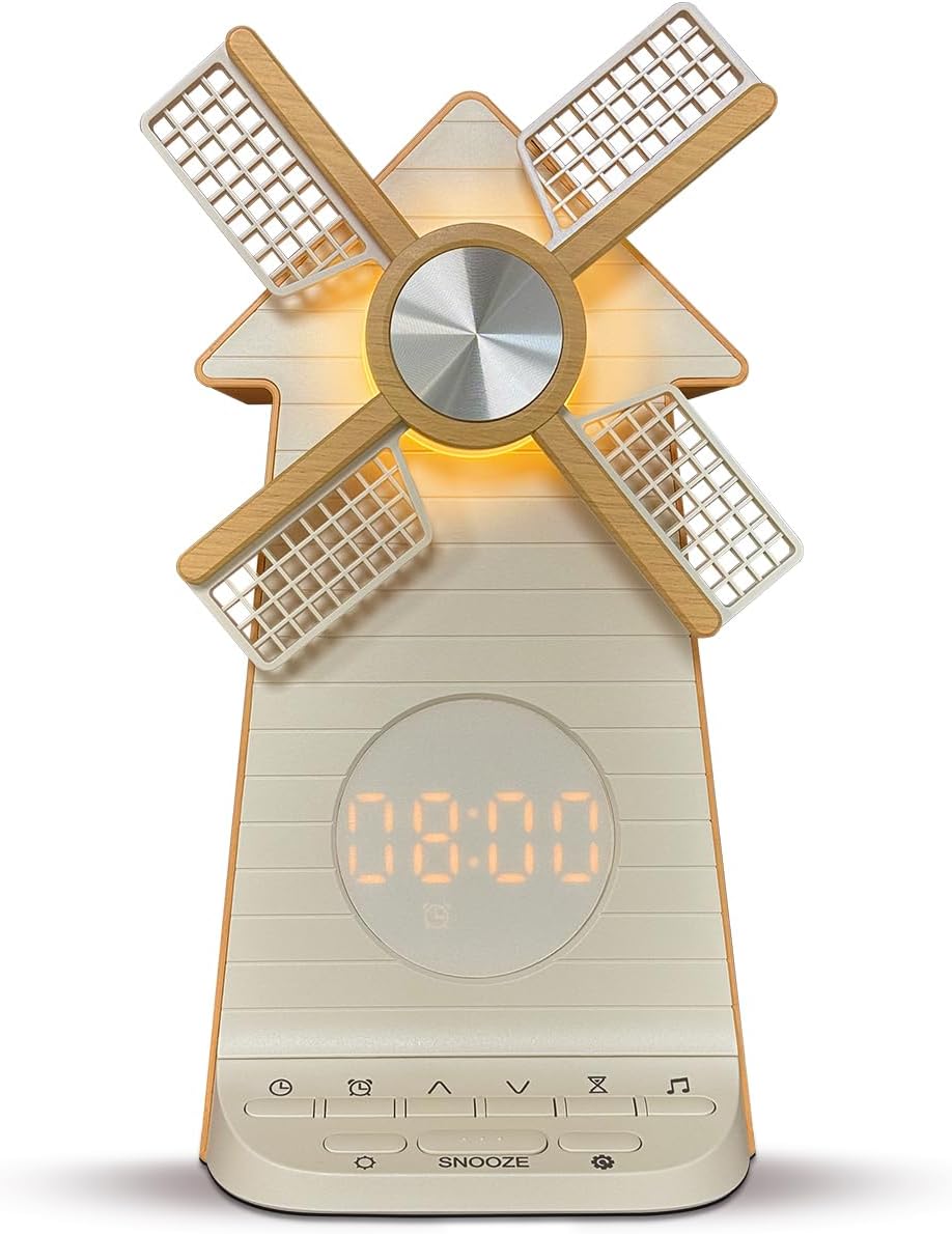 Sunrise Alarm Clock Rotating Windmill, White Noise Sleep Aid Gift | 20 Soothing Sounds, Easy Snooze Wake Up Light, 4-Level Dimmer Bedside Night Light, 30/60/90min Timer, Bedroom for Adults/Kids