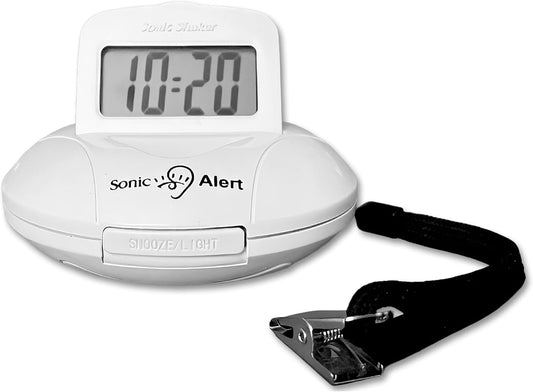 Sonic Shaker SBP200 White Compact Travel Alarm Clock – Pop-Up LCD Digital Screen – Bed Shaker Vibration – Buzz and Vibrate Modes – Rechargeable Alarm Clock