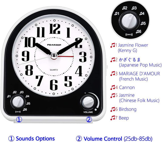 Peakeep Analog Alarm Clock Non-Ticking Silent, 7 Wake-up Sounds