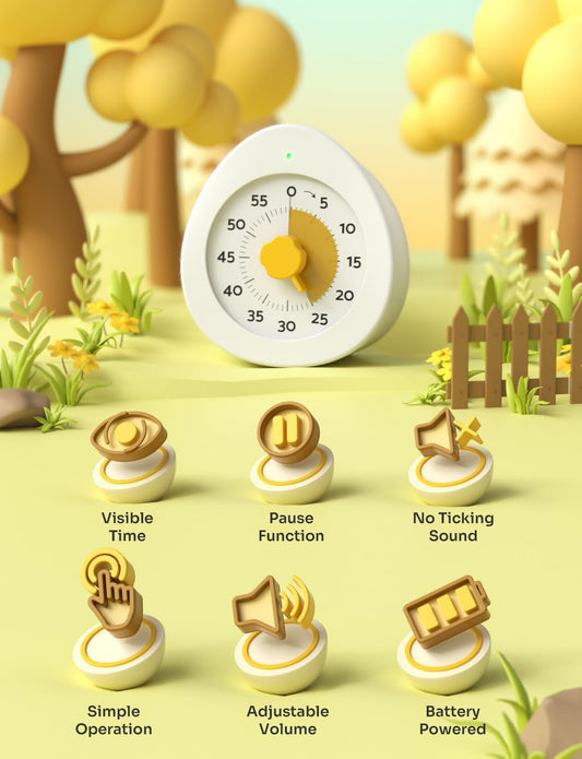 LIORQUE Visual Timer for Kids with Pause, 60 Minute Countdown Timer, White | Non-Ticking, 3 Volume Levels, Back Magnetic, Two Ringing Durations, Light Indicator, for Classroom Kitchen Office ADHD