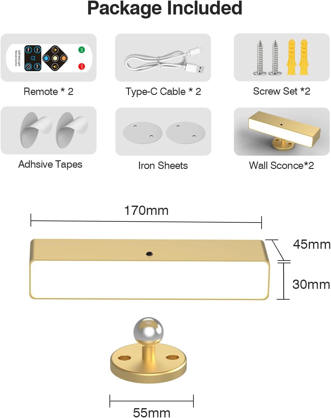 iThird Battery Operated Wall Sconce Set of 2, Gold Rechargeable | Type-C 5V 1A charging, 360° rotation, 3000K/4000K/6000K, remote and button control