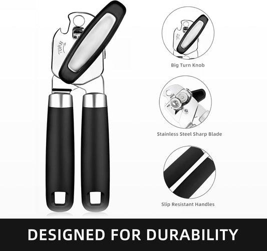 Can Opener Manual with Smooth Edge - Heavy Duty Stainless Steel Handheld Opener for Seniors, Opens Cans & Jars, Ergonomic Grip, Easy Clean (Abre Latas/Abridor de Latas)