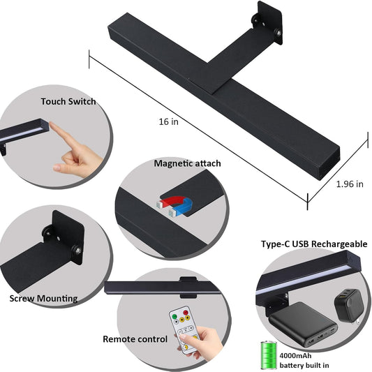 MIOBLUE Rechargeable Picture Lights with Remote,Full Metal Painting Light Display LED Battery Lamp with 3 Lighting Modes, Dimmable Dartboard Light with Timer for Frame Portrait Art