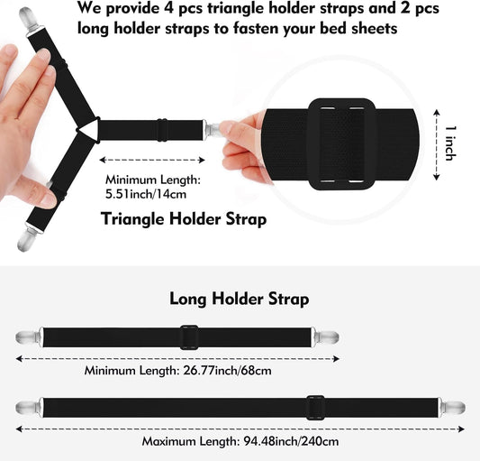 Bed Sheet Holder Straps, 4+2 Pcs Adjustable Mattress Sheet Clips, Bed Sheet Fasteners Elastic Sheet Suspenders to Keep Bed Sheet in Place for Different Beds (Black)