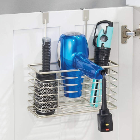 mDesign Steel Over Cabinet/Door Hair Dryer Holder Storage, Hair Styling Tool Organizer Basket for Bathroom - Blow Dryer, Flat Iron, Curling Wand, Straightener, Linelle Collection - Satin