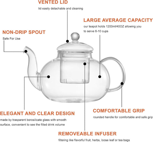 Glass Teapot Set, 40OZ/1200ml Stovetop Safe Glass Tea Kettle with Removable Infuser & Tea Warmer, Tea Cups Set of 4, Blooming Tea & Loose Leaf Tea Maker Set for Women,4 Teacup and Saucers