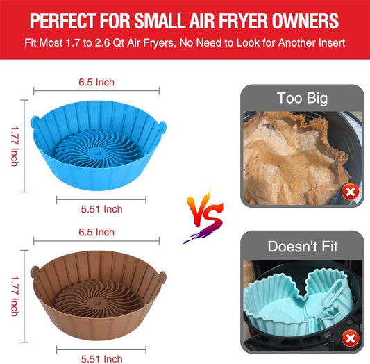 Small Air Fryer Silicone Liners for COSORI/Instant Pot/Chefman/Ninja/Dash/Bella/GoWise/COSMO Air Fryer 2QT 2.1QT 2.3QT 2.5QT, 2 Pack Reusable Silicone Basket Pot Baking Tray AirFryer Accessories