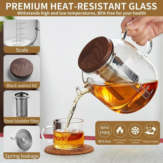 Glass Teapot with Infuser and Lid - 40oz Borosilicate Glass Teapot with Heat-Resistant Handle, Stainless Steel Mesh Infuser for Loose Leaf & Blooming Tea, Stovetop & Microwave Safe