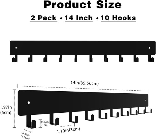 14inch Wall Key Holder with 10 Hooks(2 Sets), Metal Key Rack Wall Mount for Keys, Bags and Leashes, Key Hanger for Decorative Organizer Apartment,Entryway,livingroom,Black
