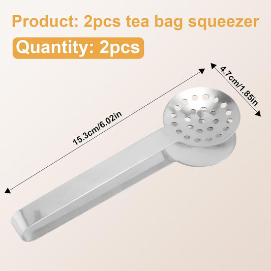 2pcs Stainless Steel Tea Bag Squeezer Tongs, Premium Metal Teabag Strainers Multi-Use Practical Spoon Clip Filters Accessories Supplies for Drinkers Lovers Gifts (Silver)