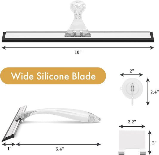 AmazerBath Squeegee for Shower Glass Door, 10 Inches, Clear | All-Purpose squeegee with Suction Hook & Adhesive Hook, Silicone Blade, for Shower Doors, Windows, Tiles and Car Glass
