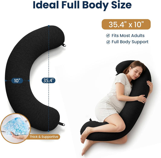 TranquilRelax C Shaped Body Pillow for Side Sleepers, Grey-47"*10" | Memory Foam Long Pillow for Leg, Body Pillow, Pregnancy Pillow, Leg Support, Soft Washable Cover