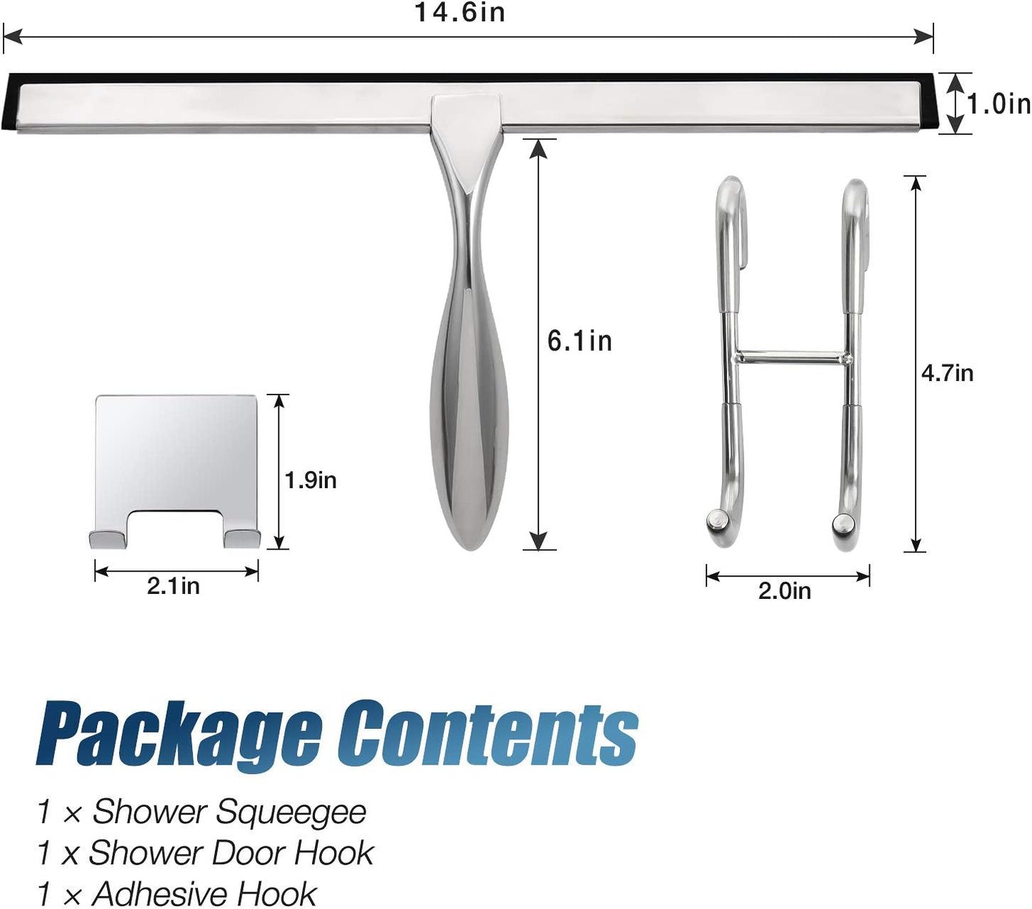 12-Inch Shower Squeegee Set, Includes Shower Door Hook and Adhesive Hook, Squeegee for Shower Doors, Mirror and Window, Silver