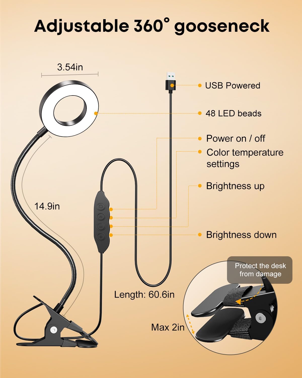 Clip‑On Desk Lamp, USB Powered Book Light, 5W LED Reading Lamp
