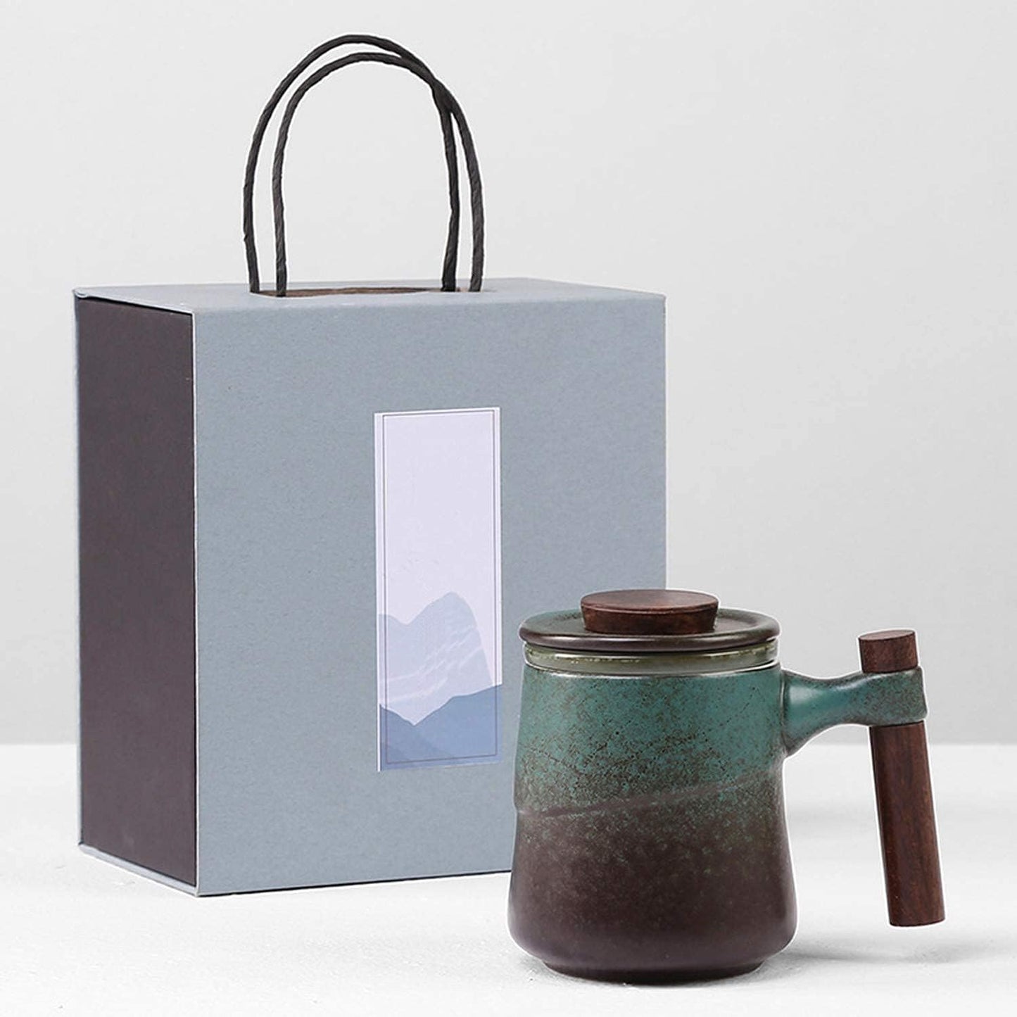 Tea Cup with Infuser and Lid, Rural style Wood Handle Ceramic Mugs Green | Tea Mug Cups with Infuser, Capacity about 320ml / 10.82 OZ, Suitable for Tea, Flower Buds, Coffee, Water, it is LEAD-FREE
