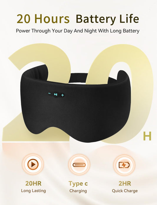 Sleep Mask with Bluetooth 6.0 Headphones, 20H Playtime Sleeping Headphones for Side Sleepers, Adjustable Blackout Eye Mask for Travel Meditation, Noise-Reducing Sleep Mask Gifts for Women Men