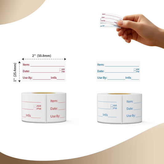 300 Labels Removable Food Labels, HUOJI 1 x 2 Kitchen Labels | 150 Labels per Roll, Date Stickers for Freezer, Refrigerator Food Containers, No Residue(2 Rolls, 2 Colors)