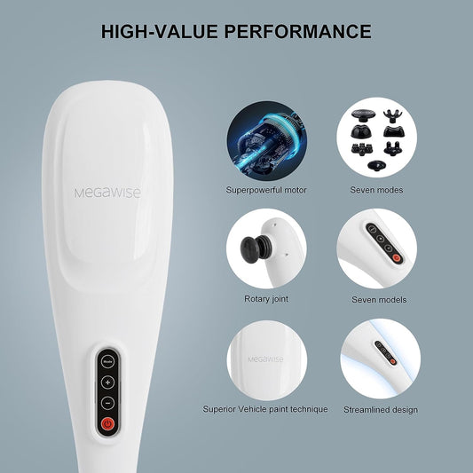 MEGAWISE Handheld Back Massager | Deep Tissue Percussion Massage for Back, Neck, Shoulders, Waist and Legs (Cordless Silver)
