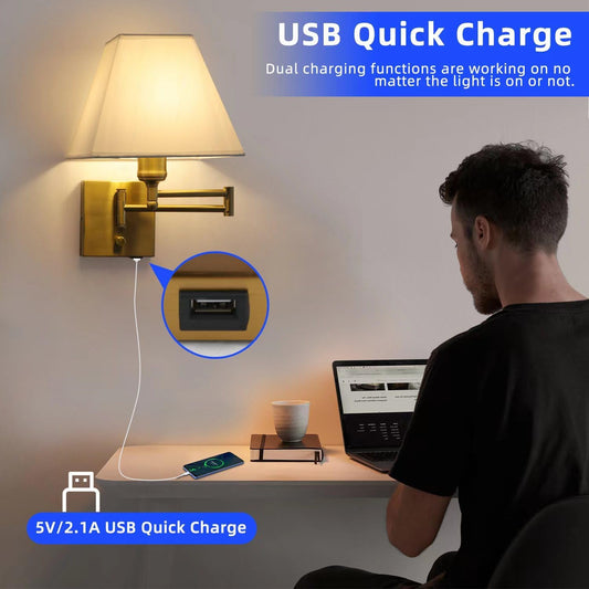 Wall Mounted Lamp Plug in Wall Sconce with Dimmable Switch Swing Arm Wall Lamp Whire Fabric Shade with USB Port Gold Wall Sconce Suitable for Hallway Bedroom Living Room…