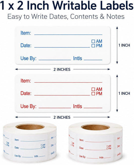 1000 Removable Food Labels, 1x2 Inch Date Stickers for Freezer & Refrigerator Containers, Writable, Self-Adhesive, Ideal for Kitchen, Meal Prep, Home & Restaurant Organization (White and Red)