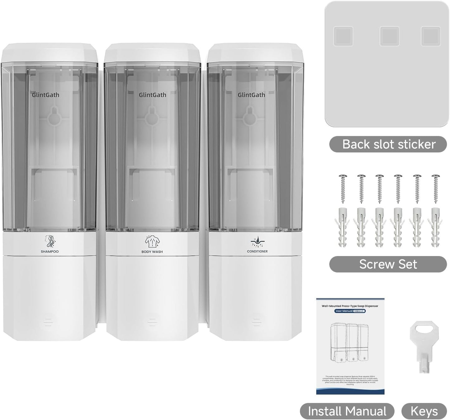 Shampoo and Conditioner Dispenser,GlintGath Shower Dispenser 3 Chamber No Drill Shampoo Dispenser for Shower Wall Mounted Shower Soap Dispenser for Bathroom Hotel,Large Capacity 3 * 500ML,White1