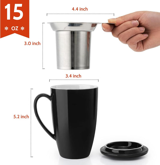 Sweese 15oz Porcelain Tea Mug with Infuser and Lid – Microwave Safe, Ergonomic Handle, Lead-Free Glaze, for Loose Leaf Tea