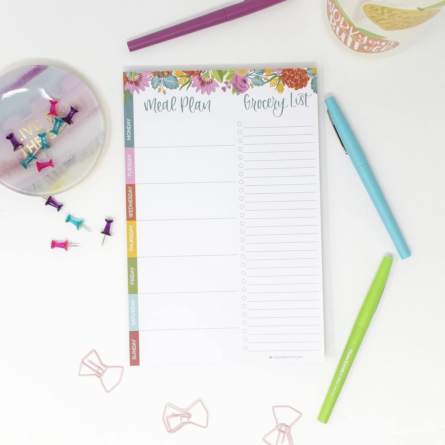 bloom daily planners Weekly Meal Planning Pad - Magnetic Hanging Refrigerator Menu Planner with Tear-Off Sheets & Perforated Grocery Shopping Lists - 6” x 9” (Pink Floral)