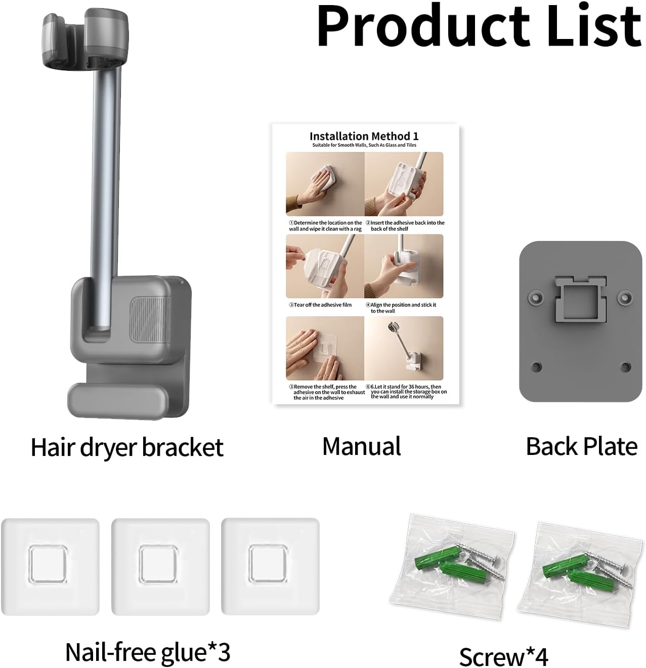 Hands Free Hair Dryer Holder Wall Mount, Adjustable Bathroom Blower Dryer Holder Wall Mounted Hook Rack, Vanity Cabinet Door Hanger Storage, Suitable for Most Walls, Hair Dryers, with Cord Organizer