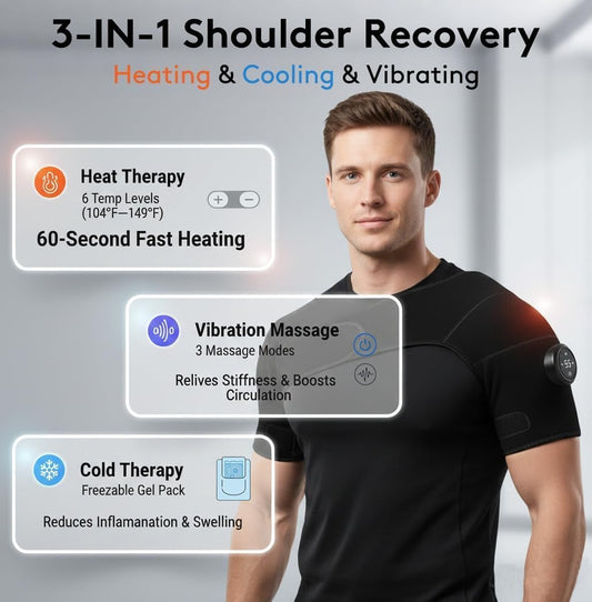 Cordless Shoulder Heating Pad with Vibration & Cold Gel Pack, Shoulder wrap | Heat, Cool&Massage Support Wrap 6 Heat Level, 3 Vibration Mode, Adjustable Neoprene Shoulder Brace for Rotator Cuff Pain