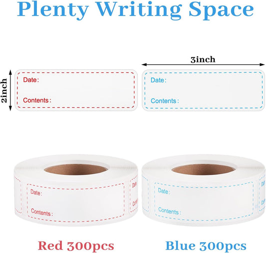Thboxes 2 Rolls 600 Pieces Removable Freezer Labels, 1 x 3 Inch Food Labels Stickers for Refrigerator and Freezer Food Labeling, Dating Containers, Bags and Jars