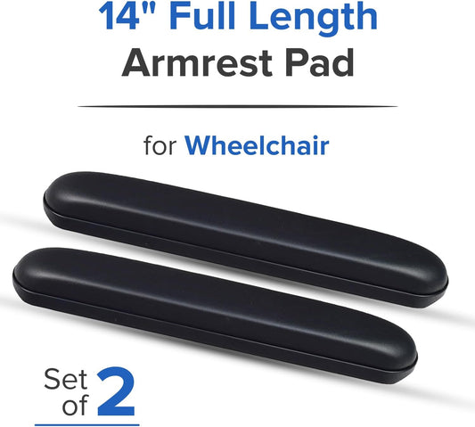 AlveyTech Heavy Duty Black 14" Full Length Padded Vinyl Armrest Pad for Wheelchair (Set of 2) - Replacement Comfortable Pads with Four Mounting Screws for Invacare & Drive Medical Wheelchairs