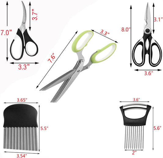 5-Blade Herb Scissors, Kitchen Shears, Seafood Scissors, Onion Holder Slicer and Potato Crinkle Cutter, yamesu Kitchen Gadget Salad Herb Tools 5 Sets
