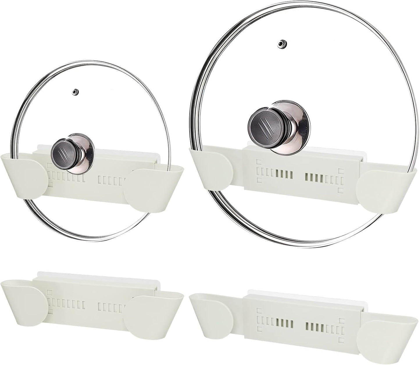 Adjustable Pot Lid Holder for 6" to 14" Lids, White 4 Pack | Pan Lids Organizers, No Drilling Required & Detachable, Sticky Wall Mounted Lid Storage for Kitchen Wall, Cabinets & Door