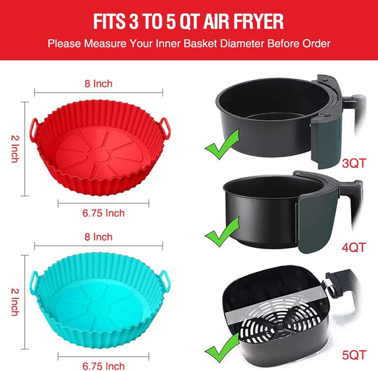 2 Pack Air Fryer Silicone Liners Pot for 3 to 5 QT, Basket Bowl, Replacement of Flammable Parchment Paper, Reusable Baking Tray Oven Accessories, Red+Blue, (Top 8in, Bottom 6.75in)