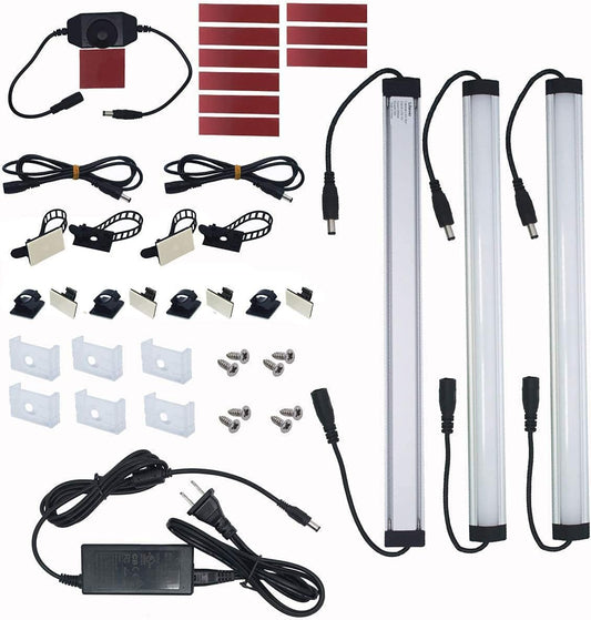 Motion Sensor Cabinet LED Lighting Kit. Plug in. Perfect to Work as Motion Activated Lighting for Under Cabinets Closets Wardrobe Hallway Stair Beds Garage Kitchen. 3-Light-Bar. Warm White 3000K