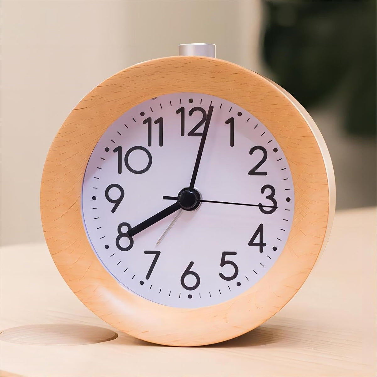 Round Wooden Alarm Clock Analog Non Ticking Night Light Snooze