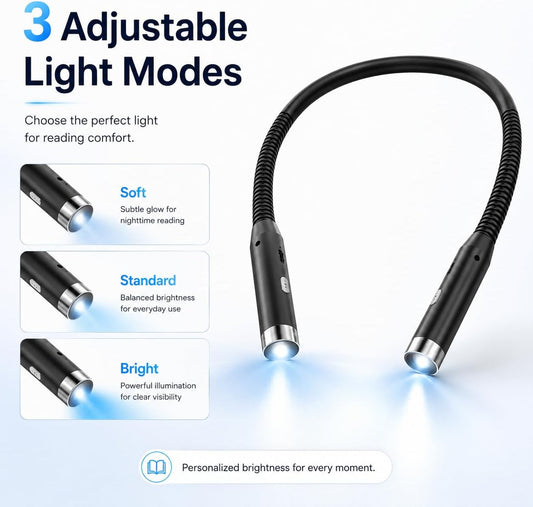 Neck Book Light, Black | Reading Lights for Books in Bed, 3-Level Brightness LED, Hands-Free, USB Rechargeable, Long-Lasting, For Reading