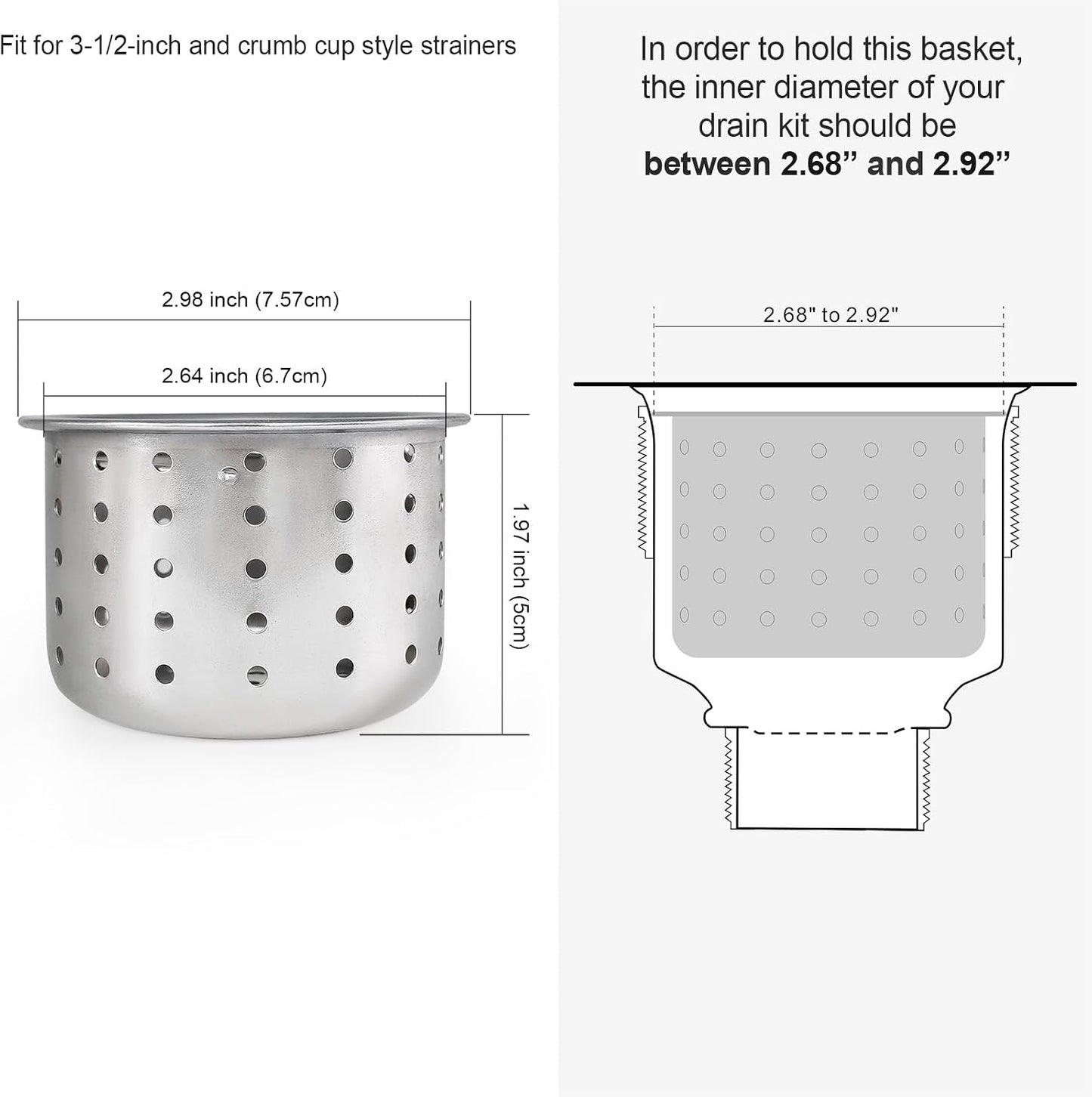 GZILA Kitchen Sink Drain Basket Only, 3-inch Basket for Kitchen Sink Strainer Replacement, Deep Cup Strainers with Handle, SUS 304 Stainless Steel