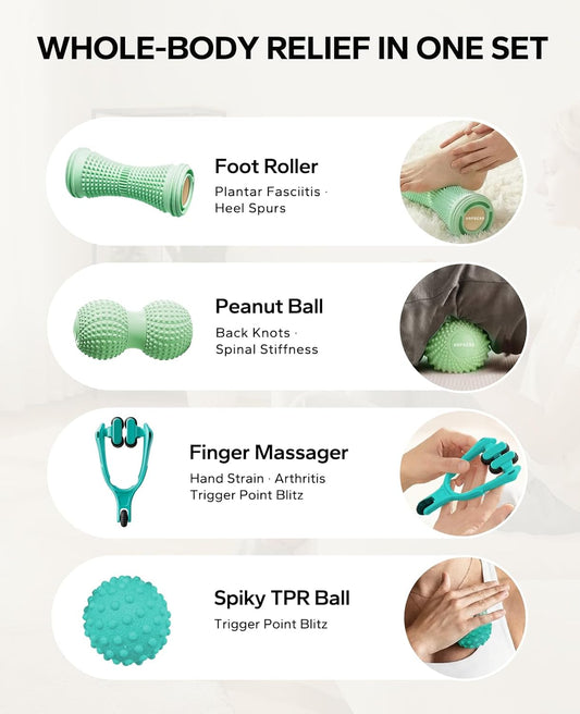 HAPBEAR Massage Ball Set 4 PC, Plantar Fasciitis Relief, with Storage Bag | Foot Roller, Peanut Ball, Spiky Release Balls, Finger Massager, Deep Tissue & Fascia Release Kit for Muscle Soreness Tension