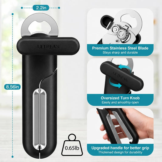 Ultrean Can Opener Manual, Heavy Duty Stainless Steel Smooth Edge Can Opener with Ergonomic Handles and Oversized Easy Turn Knob for Seniors, Black