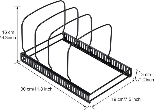 Toplife Pot Lids Organizer Rack for Cabinet and Countertop, 7+ Pan Lids and Bakeware Organizer Rack Holder with 7 Adjustable Compartments - Black