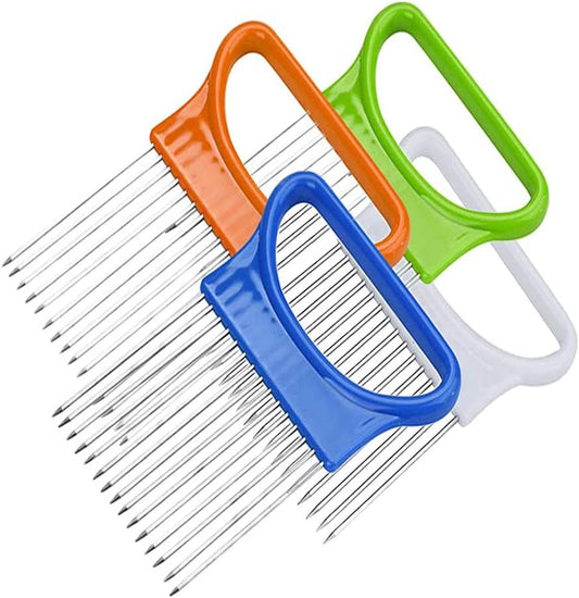 4PCS Onion Holder Slicer Set,Stainless Steel Fruit Tomato Lemon Potato Vegetable Holder Slicer Crinkle Cutter Tool for Kitchen Worker Slicing,Onion Cutter French Fry Cutter,4 Colors