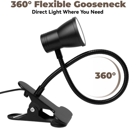 Eye-Caring Clip On Desk Lamp, 3 Color Modes & 10 Brightness LED Reading Light with Clamp, 360° Rotatable Gooseneck Reading Light, Portable Clamp Lamp for Bedroom, Office and Study (Black-Small)
